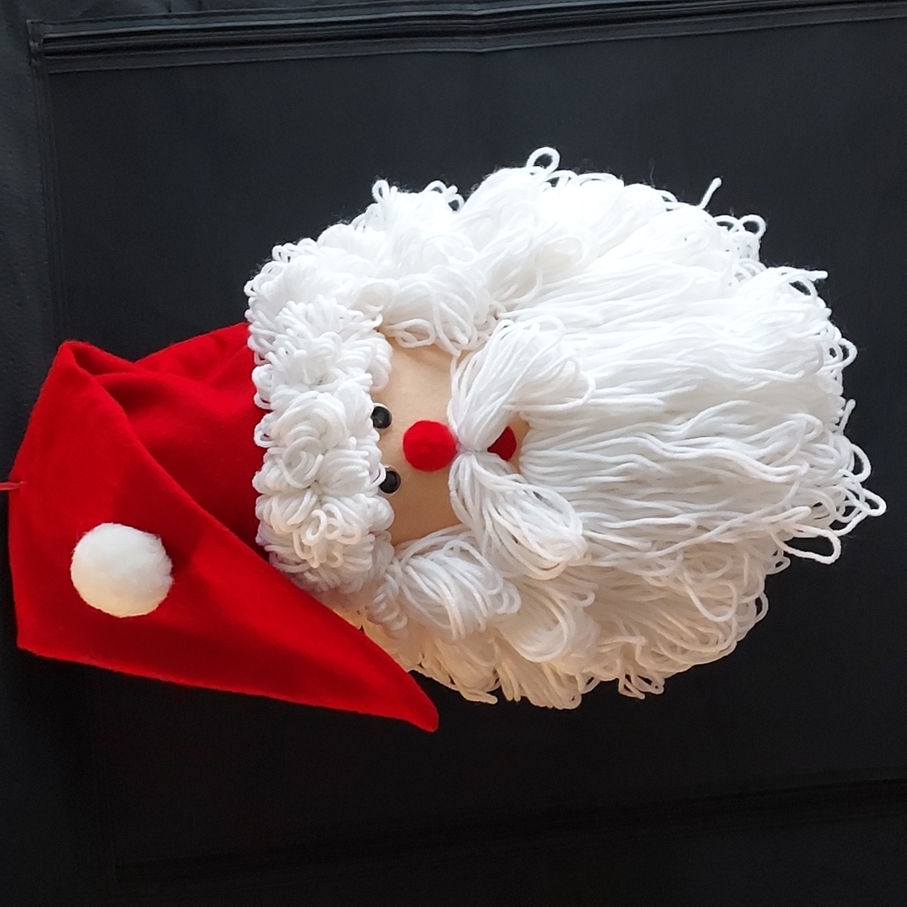 Vtg. Handmade Yarn Santa Face Hangs on red Ribbon
